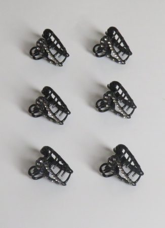 Крабики для волос маленькие набор 6 шт подарок на 8 марта черный с серебристыми камушками